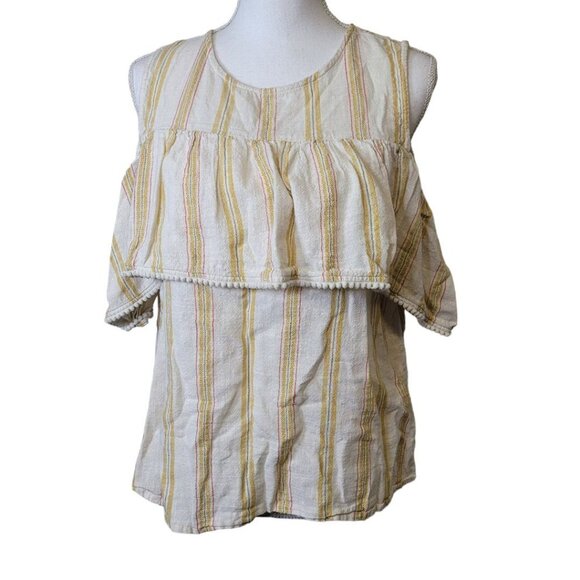LC Lauren Conrad Cold Shoulder Peek a Boo Yellow Vertical Stripe Womens Large - Picture 2 of 10